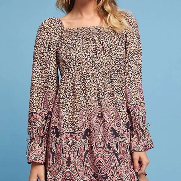 Maeve Paisley Boho Smocked Tunic Dress Square Neck Long Sleeve Milou Womens L - Picture 3 of 12